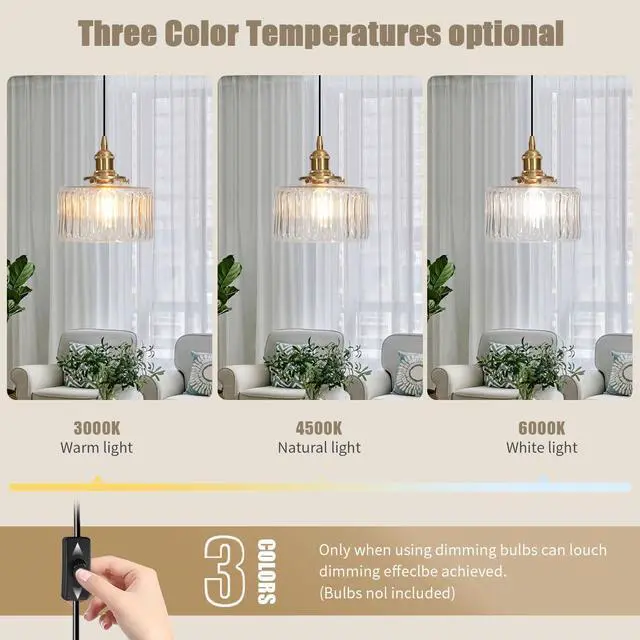 Alt view image 7 of 7 - Plug in Pendant Light Clear Glass Striped Pendant Light Fixtures Vintage Glass Hanging Lighting 1-Light with Plug in Cord Mid Century Modern Hanging Lights for Kitchen Island Living Room