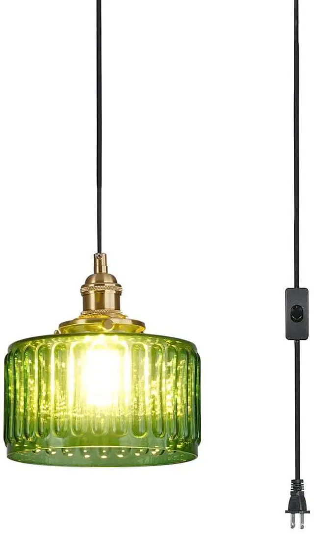 Main image of Mid Century Pendant Light fixtures Plug in Cord Green Glass Hanging Lamp with Stripe Glass Shade 450cm/177.2 Cords,Plug in Pendant Light Modern Kitchen Island Green Light Fixture