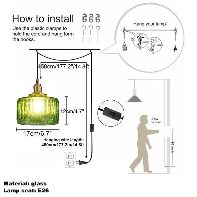 Alt view image 2 of 7 - Mid Century Pendant Light fixtures Plug in Cord Green Glass Hanging Lamp with Stripe Glass Shade 450cm/177.2 Cords,Plug in Pendant Light Modern Kitchen Island Green Light Fixture