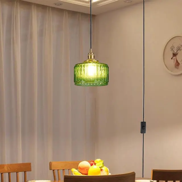 Alt view image 4 of 7 - Mid Century Pendant Light fixtures Plug in Cord Green Glass Hanging Lamp with Stripe Glass Shade 450cm/177.2 Cords,Plug in Pendant Light Modern Kitchen Island Green Light Fixture