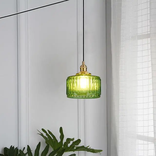Alt view image 5 of 7 - Mid Century Pendant Light fixtures Plug in Cord Green Glass Hanging Lamp with Stripe Glass Shade 450cm/177.2 Cords,Plug in Pendant Light Modern Kitchen Island Green Light Fixture