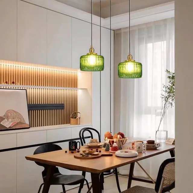 Alt view image 3 of 7 - Mid Century Pendant Light fixtures Plug in Cord Green Glass Hanging Lamp with Stripe Glass Shade 450cm/177.2 Cords,Plug in Pendant Light Modern Kitchen Island Green Light Fixture