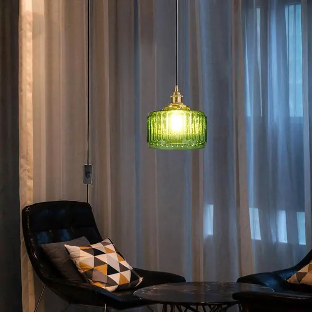 Alt view image 6 of 7 - Mid Century Pendant Light fixtures Plug in Cord Green Glass Hanging Lamp with Stripe Glass Shade 450cm/177.2 Cords,Plug in Pendant Light Modern Kitchen Island Green Light Fixture