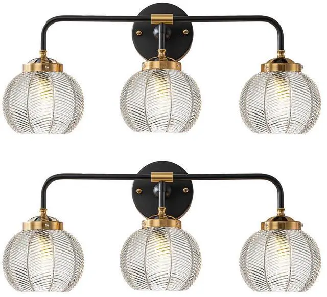Main image of Farmhouse Vanity Light Vintage Modern Light Fixture for Bathroom Globe Wall Sconce Indoor Clear Glass Ribbed Mid Century Wall Sconce 3 Lights Over Mirror Vanity Lighting Bathroom