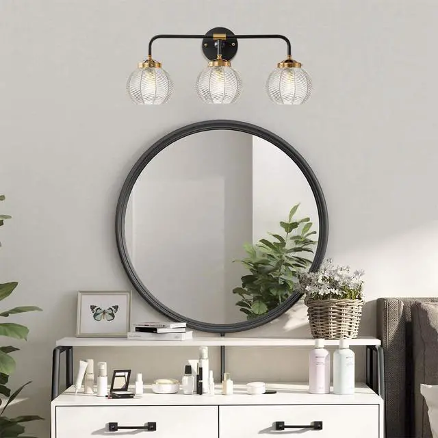 Alt view image 6 of 7 - Farmhouse Vanity Light Vintage Modern Light Fixture for Bathroom Globe Wall Sconce Indoor Clear Glass Ribbed Mid Century Wall Sconce 3 Lights Over Mirror Vanity Lighting Bathroom