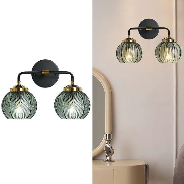 Main image of Glass Wall Sconce 2 Light Bathroom Vanity Light Green Globe Wall Lamp with Ribbed Glass Shade Mid Century Modern Wall Sconces Black Gold Vanity Light for Over Mirror Bedroom Hallway