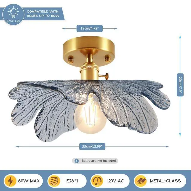 Alt view image 2 of 7 - Glass Flush Mount Ceiling Light, Mid Century Modern Ceiling Light Fixtures with Blue Flower Shade Gold Brass Ceiling Lamp Vintage Semi Flush Mount Ceiling Light for Hallway Bedroom