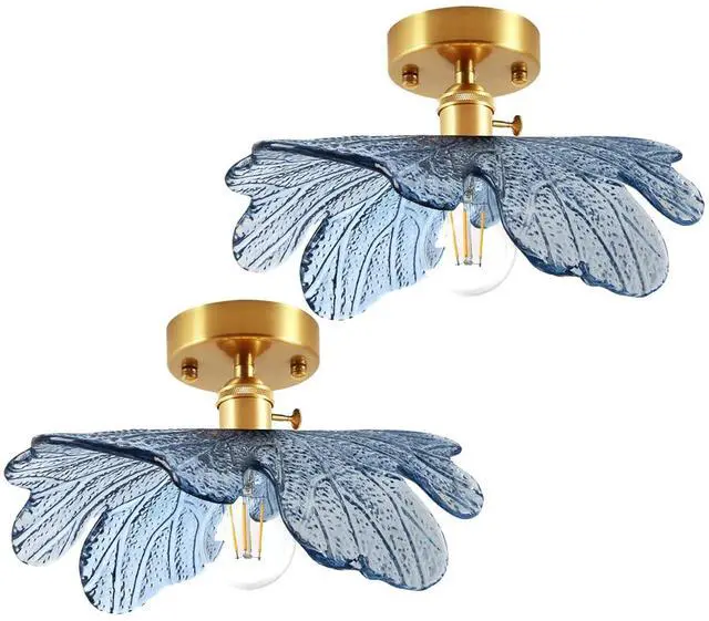 Main image of 2-Pack Glass Flush Mount Ceiling Light Mid Century Modern Ceiling Light Fixtures Blue Flower Shade Brushed Gold Brass Hallway Lamp Vintage Semi Flush Mount Lamp for Entrance Bedroom