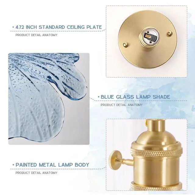 Alt view image 3 of 7 - Glass Flush Mount Ceiling Light, Mid Century Modern Ceiling Light Fixtures with Blue Flower Shade Gold Brass Ceiling Lamp Vintage Semi Flush Mount Ceiling Light for Hallway Bedroom