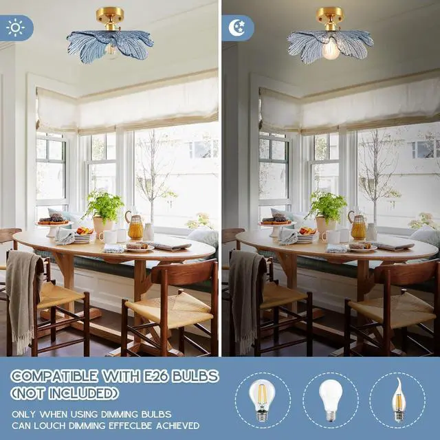 Alt view image 4 of 7 - Glass Flush Mount Ceiling Light, Mid Century Modern Ceiling Light Fixtures with Blue Flower Shade Gold Brass Ceiling Lamp Vintage Semi Flush Mount Ceiling Light for Hallway Bedroom