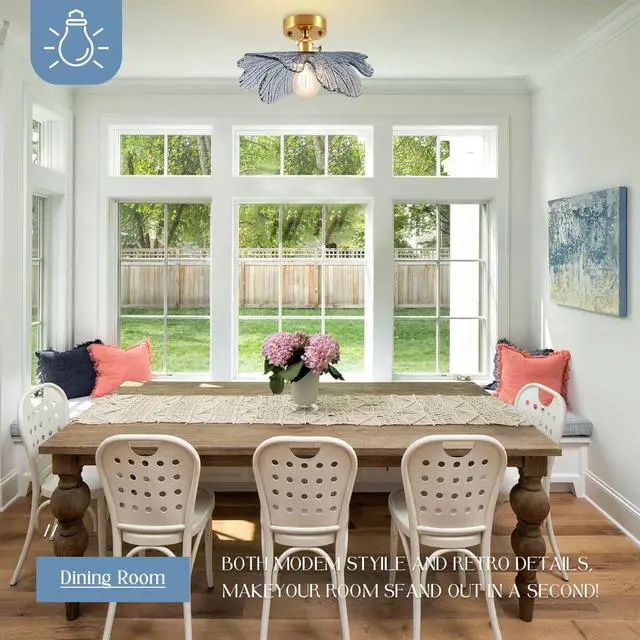 Alt view image 5 of 7 - Glass Flush Mount Ceiling Light, Mid Century Modern Ceiling Light Fixtures with Blue Flower Shade Gold Brass Ceiling Lamp Vintage Semi Flush Mount Ceiling Light for Hallway Bedroom