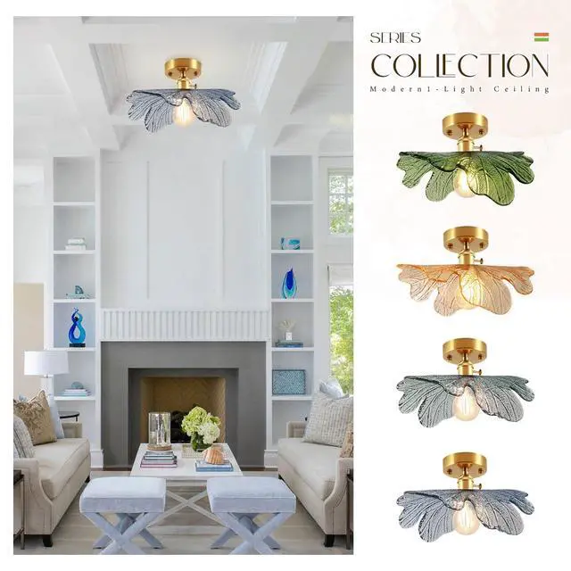 Alt view image 7 of 7 - Glass Flush Mount Ceiling Light, Mid Century Modern Ceiling Light Fixtures with Blue Flower Shade Gold Brass Ceiling Lamp Vintage Semi Flush Mount Ceiling Light for Hallway Bedroom
