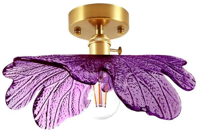 Main image of Purple Ceiling Light, Mid Century Modern Flush Mount Ceiling Light Fixtures Purple Glass Flower Shade Vintage Gold Brass Semi Flush Mount Lamp for Hallway Bedroom Kitchen Sink