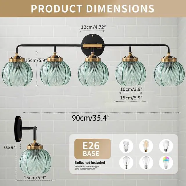Alt view image 2 of 7 - 5-Light Bathroom Vanity Light Green Wall Lights Glass Globe Shade | Mid Century Modern Vintage Wall Sconce Vanity Lights 27.2Inch Long, 5.9Inch Glass Shade E26 Base,Over Mirror Bedroom Hallway
