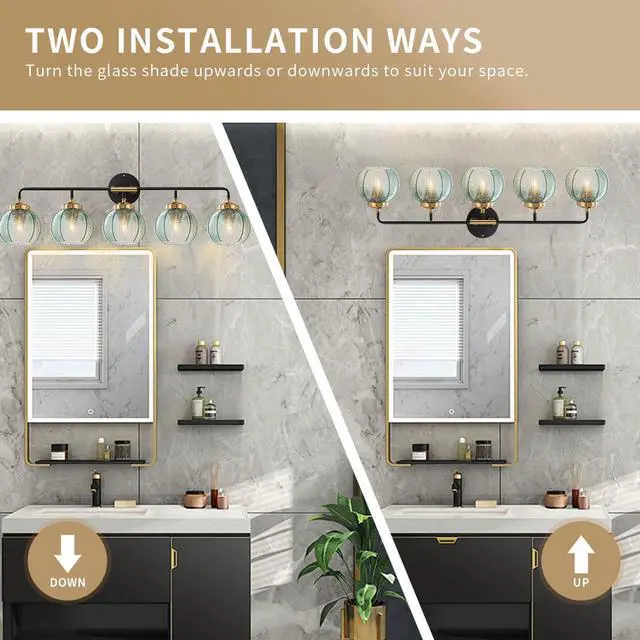 Alt view image 3 of 7 - 5-Light Bathroom Vanity Light Green Wall Lights Glass Globe Shade | Mid Century Modern Vintage Wall Sconce Vanity Lights 27.2Inch Long, 5.9Inch Glass Shade E26 Base,Over Mirror Bedroom Hallway