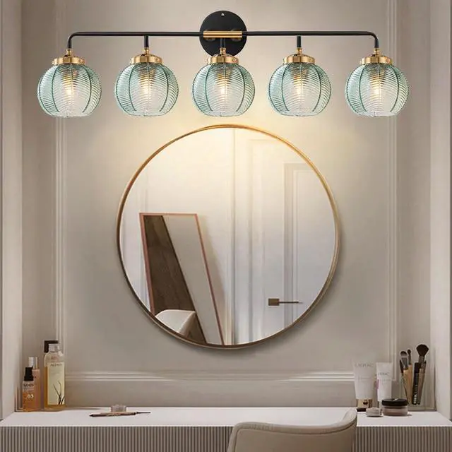 Alt view image 4 of 7 - 5-Light Bathroom Vanity Light Green Wall Lights Glass Globe Shade | Mid Century Modern Vintage Wall Sconce Vanity Lights 27.2Inch Long, 5.9Inch Glass Shade E26 Base,Over Mirror Bedroom Hallway