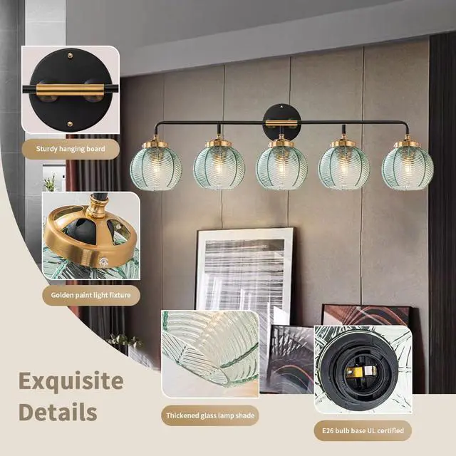 Alt view image 5 of 7 - 5-Light Bathroom Vanity Light Green Wall Lights Glass Globe Shade | Mid Century Modern Vintage Wall Sconce Vanity Lights 27.2Inch Long, 5.9Inch Glass Shade E26 Base,Over Mirror Bedroom Hallway