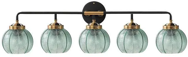 Main image of 5-Light Bathroom Vanity Light Green Wall Lights Glass Globe Shade | Mid Century Modern Vintage Wall Sconce Vanity Lights 27.2Inch Long, 5.9Inch Glass Shade E26 Base,Over Mirror Bedroom Hallway