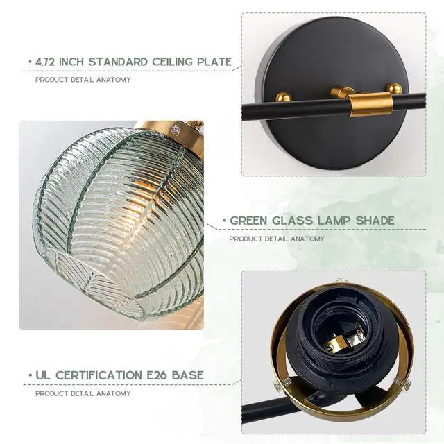 Alt view image 3 of 7 - Glass Wall Sconce 2 Light Bathroom Vanity Light Green Globe Wall Lamp with Ribbed Glass Shade Mid Century Modern Wall Sconces Black Gold Vanity Light for Over Mirror Bedroom Hallway
