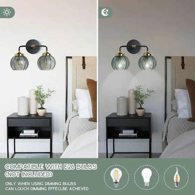Alt view image 4 of 7 - Glass Wall Sconce 2 Light Bathroom Vanity Light Green Globe Wall Lamp with Ribbed Glass Shade Mid Century Modern Wall Sconces Black Gold Vanity Light for Over Mirror Bedroom Hallway