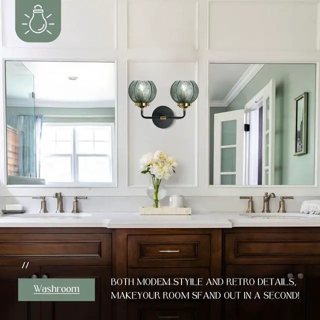 Alt view image 5 of 7 - Glass Wall Sconce 2 Light Bathroom Vanity Light Green Globe Wall Lamp with Ribbed Glass Shade Mid Century Modern Wall Sconces Black Gold Vanity Light for Over Mirror Bedroom Hallway