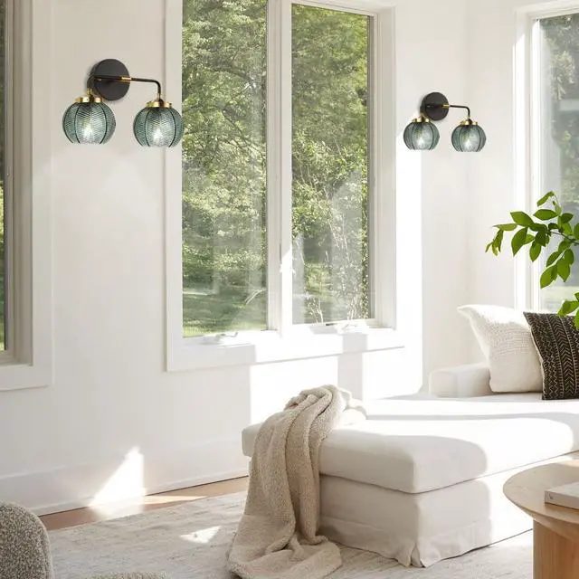 Alt view image 6 of 7 - Glass Wall Sconce 2 Light Bathroom Vanity Light Green Globe Wall Lamp with Ribbed Glass Shade Mid Century Modern Wall Sconces Black Gold Vanity Light for Over Mirror Bedroom Hallway