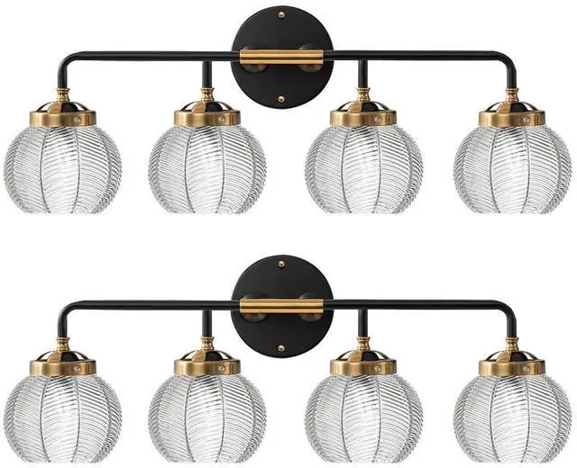 Main image of 4-Light Black Gold Bathroom Light Fixture Vanity Light Sconces Wall Decor Set of 2 with Clear Glass Ribbed Globe Shade Bathroom Vanity Lights Above Mirror for Powder Room Farmhouse