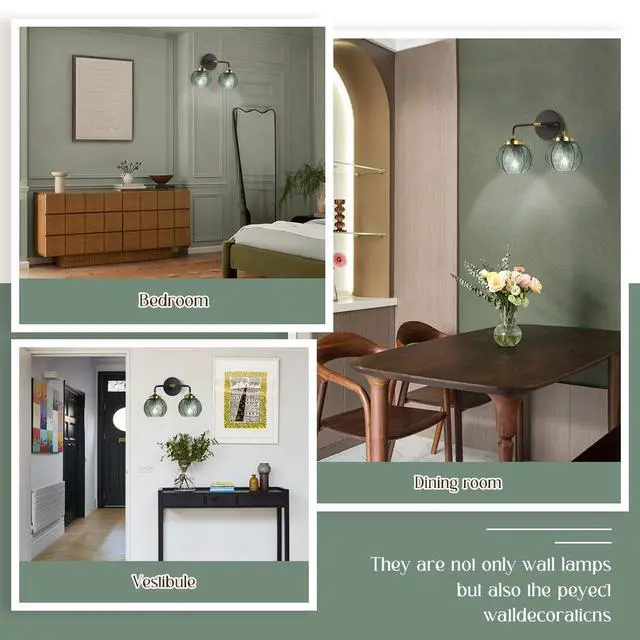 Alt view image 7 of 7 - Glass Wall Sconce 2 Light Bathroom Vanity Light Green Globe Wall Lamp with Ribbed Glass Shade Mid Century Modern Wall Sconces Black Gold Vanity Light for Over Mirror Bedroom Hallway