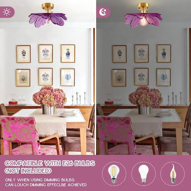 Alt view image 4 of 7 - Purple Ceiling Light, Mid Century Modern Flush Mount Ceiling Light Fixtures Purple Glass Flower Shade Vintage Gold Brass Semi Flush Mount Lamp for Hallway Bedroom Kitchen Sink