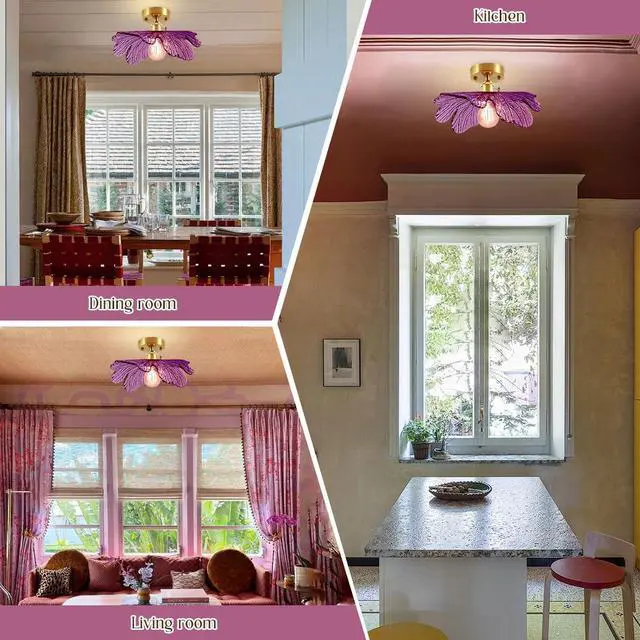 Alt view image 6 of 7 - Purple Ceiling Light, Mid Century Modern Flush Mount Ceiling Light Fixtures Purple Glass Flower Shade Vintage Gold Brass Semi Flush Mount Lamp for Hallway Bedroom Kitchen Sink