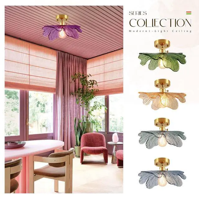 Alt view image 7 of 7 - Purple Ceiling Light, Mid Century Modern Flush Mount Ceiling Light Fixtures Purple Glass Flower Shade Vintage Gold Brass Semi Flush Mount Lamp for Hallway Bedroom Kitchen Sink