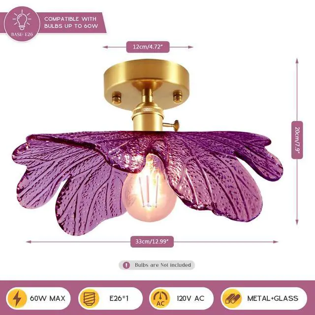 Alt view image 2 of 7 - Purple Ceiling Light, Mid Century Modern Flush Mount Ceiling Light Fixtures Purple Glass Flower Shade Vintage Gold Brass Semi Flush Mount Lamp for Hallway Bedroom Kitchen Sink