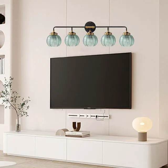 Alt view image 6 of 7 - 5-Light Bathroom Vanity Light Green Wall Lights Glass Globe Shade | Mid Century Modern Vintage Wall Sconce Vanity Lights 27.2Inch Long, 5.9Inch Glass Shade E26 Base,Over Mirror Bedroom Hallway