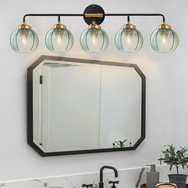 Alt view image 7 of 7 - 5-Light Bathroom Vanity Light Green Wall Lights Glass Globe Shade | Mid Century Modern Vintage Wall Sconce Vanity Lights 27.2Inch Long, 5.9Inch Glass Shade E26 Base,Over Mirror Bedroom Hallway