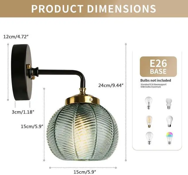 Alt view image 3 of 7 - Green Bathroom Light Fixtures Mid Century Bathroom Vanity Lights | Art Deco Wall Lamp with Ribbed Glass Shade Vintage Modern Sconce Gold Black for Over Mirror Bedroom Hallway 2-Pack