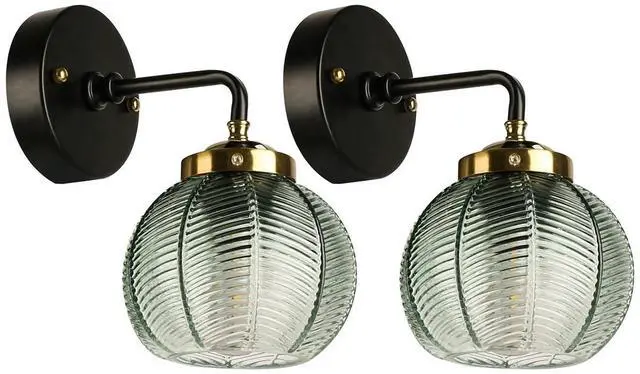 Main image of Black Gold Bathroom Light Fixture Green 1-Light Bathroom Vanity Lamp | Mid Century Vanity Light Art Deco Light with 15cm/5.9 Globe Glass Ribbed Lamp Shade for Over Mirror Bedroom Hallway 2 Pack