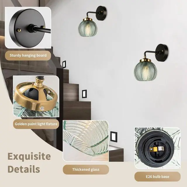 Alt view image 5 of 7 - Green Bathroom Light Fixtures Mid Century Bathroom Vanity Lights | Art Deco Wall Lamp with Ribbed Glass Shade Vintage Modern Sconce Gold Black for Over Mirror Bedroom Hallway 2-Pack