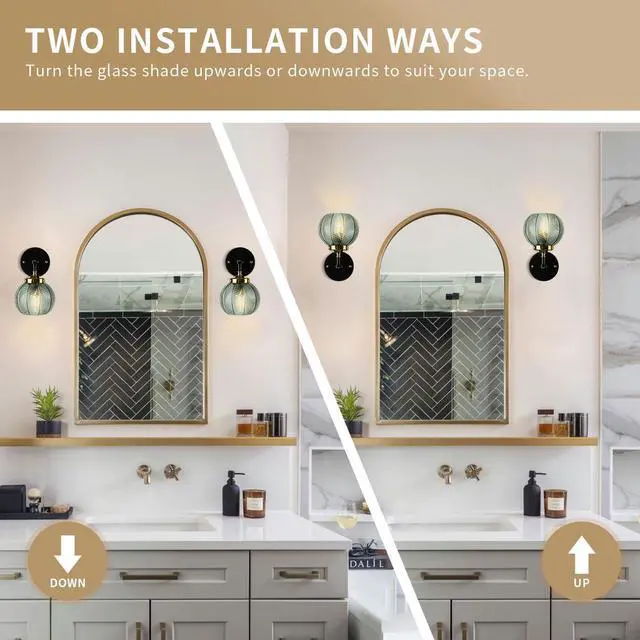 Alt view image 6 of 7 - Green Bathroom Light Fixtures Mid Century Bathroom Vanity Lights | Art Deco Wall Lamp with Ribbed Glass Shade Vintage Modern Sconce Gold Black for Over Mirror Bedroom Hallway 2-Pack