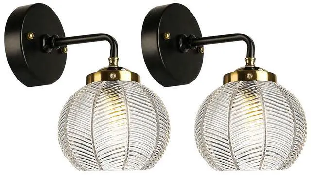 Main image of Vintage Glass Vanity Light Clear Bathroom Light Fixture ArtDeco Lamp | 2 Pack 15cm/5.9 Clear Ribbed Glass Globe Shade,E26 Base, Unique Thick Texture Lights Fixture ,Over Mirror Bedroom Hallway