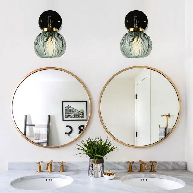 Alt view image 7 of 7 - Black Gold Bathroom Light Fixture Green 1-Light Bathroom Vanity Lamp | Mid Century Vanity Light Art Deco Light with 15cm/5.9 Globe Glass Ribbed Lamp Shade for Over Mirror Bedroom Hallway 2 Pack