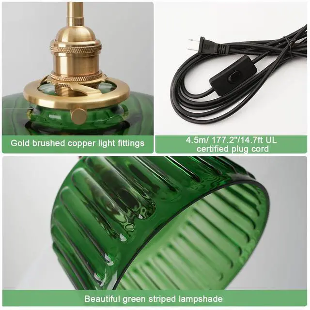 Alt view image 7 of 7 - Mid Century Pendant Light fixtures Plug in Cord Green Glass Hanging Lamp with Stripe Glass Shade 450cm/177.2 Cords,Plug in Pendant Light Modern Kitchen Island Green Light Fixture
