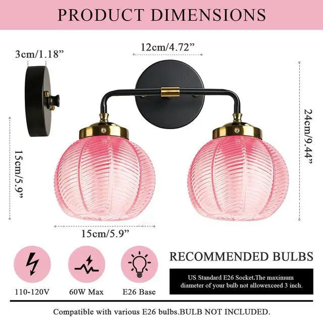Alt view image 2 of 7 - Modern Vanity Light Pink Bathroom Decor Black Bathroom Light Fixture | 2-Lights Ribbed Glass Shade Vintage Vanity Lights Gold Lighting fixture for Over Mirror Cabinet Bedroom Hallway Kitchen