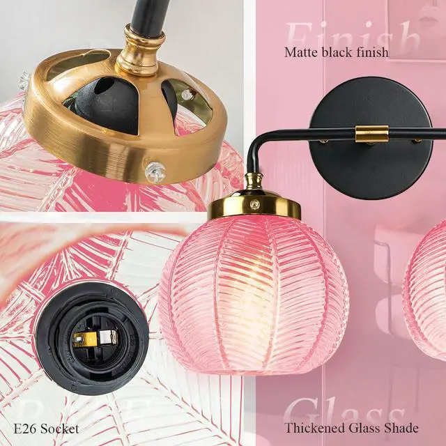 Alt view image 3 of 7 - Modern Vanity Light Pink Bathroom Decor Black Bathroom Light Fixture | 2-Lights Ribbed Glass Shade Vintage Vanity Lights Gold Lighting fixture for Over Mirror Cabinet Bedroom Hallway Kitchen
