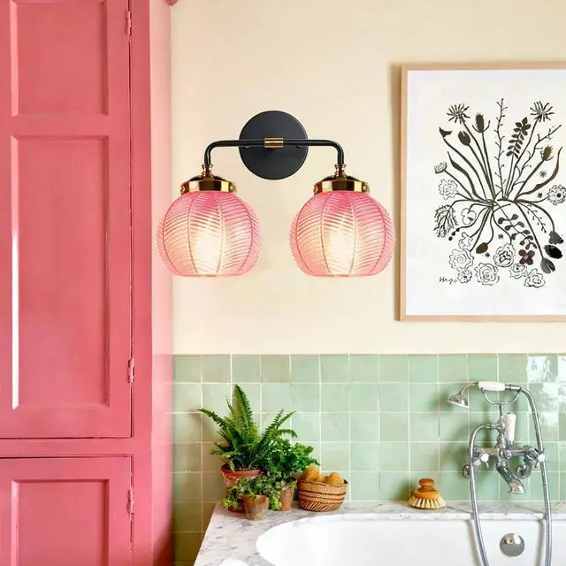 Alt view image 4 of 7 - Modern Vanity Light Pink Bathroom Decor Black Bathroom Light Fixture | 2-Lights Ribbed Glass Shade Vintage Vanity Lights Gold Lighting fixture for Over Mirror Cabinet Bedroom Hallway Kitchen