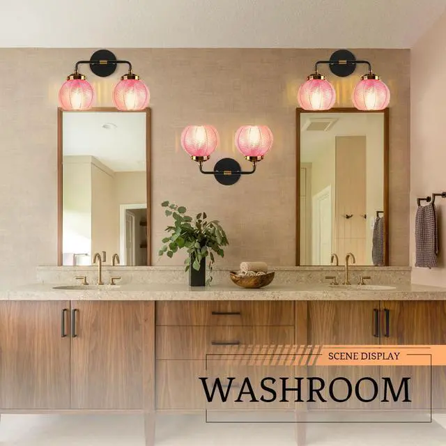 Alt view image 6 of 7 - Modern Vanity Light Pink Bathroom Decor Black Bathroom Light Fixture | 2-Lights Ribbed Glass Shade Vintage Vanity Lights Gold Lighting fixture for Over Mirror Cabinet Bedroom Hallway Kitchen