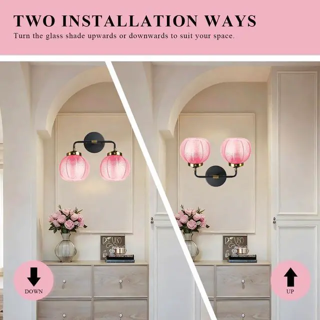 Alt view image 7 of 7 - Modern Vanity Light Pink Bathroom Decor Black Bathroom Light Fixture | 2-Lights Ribbed Glass Shade Vintage Vanity Lights Gold Lighting fixture for Over Mirror Cabinet Bedroom Hallway Kitchen