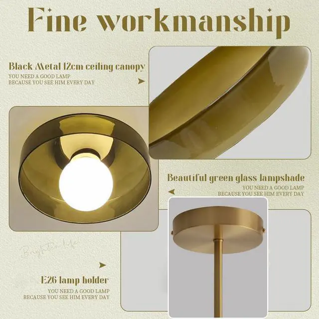 Alt view image 3 of 7 - Green Semi Flush Mount Ceiling Light Modern Ceiling Lights 13.8 Round Dome Glass Shade Mid Century Flush Mount Light Fixture Gold Brass Finish for Hallway Dining Room Overhead Light
