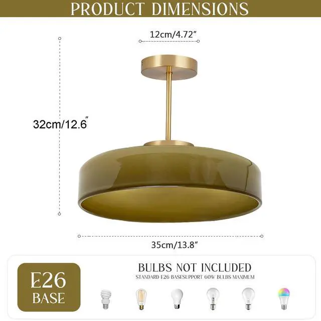 Alt view image 2 of 7 - Green Semi Flush Mount Ceiling Light Modern Ceiling Lights 13.8 Round Dome Glass Shade Mid Century Flush Mount Light Fixture Gold Brass Finish for Hallway Dining Room Overhead Light