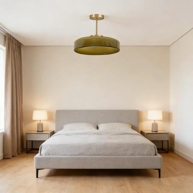 Alt view image 5 of 7 - Green Semi Flush Mount Ceiling Light Modern Ceiling Lights 13.8 Round Dome Glass Shade Mid Century Flush Mount Light Fixture Gold Brass Finish for Hallway Dining Room Overhead Light