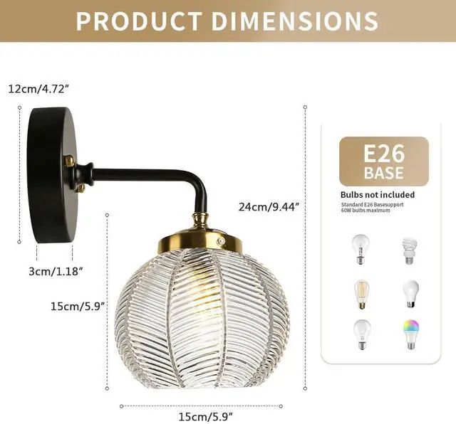 Alt view image 2 of 7 - Glass Vanity Lights Vintage Gold Black Bathroom Vanity Lamp Over Mirror Mid Century Art Deco Wall Sconce Clear Ribbed Glass Shade Modern Bathroom Wall Lighting for Bedroom Hallway